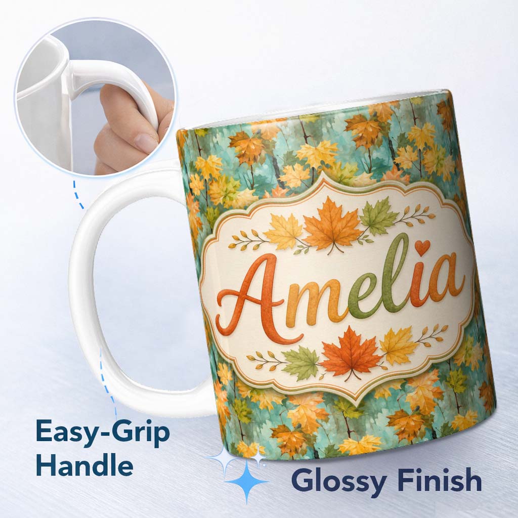 Personalized Custom Name Watercolour Golden Maple Leaves on Teal Painterly Background Lovely 11oz Ceramic Coffee Tea Mug White Large Handle
