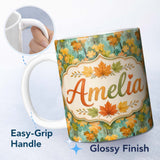 Personalized Custom Name Watercolour Golden Maple Leaves on Teal Painterly Background Lovely 11oz Ceramic Coffee Tea Mug White Large Handle