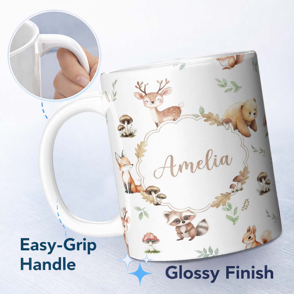 Personalized Custom Name Forest Animals Deer Bear Fox Owl Raccoon on Light Grey Seamless 11oz Ceramic Coffee Tea Mug White Large Handle