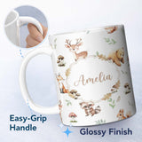Personalized Custom Name Forest Animals Deer Bear Fox Owl Raccoon on Light Grey Seamless 11oz Ceramic Coffee Tea Mug White Large Handle