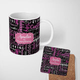 Personalized Custom Name Neon Pink Sparkle Typography Black Motivational Word Pattern Lovely 11oz Ceramic Coffee Tea Mug White Large Handle