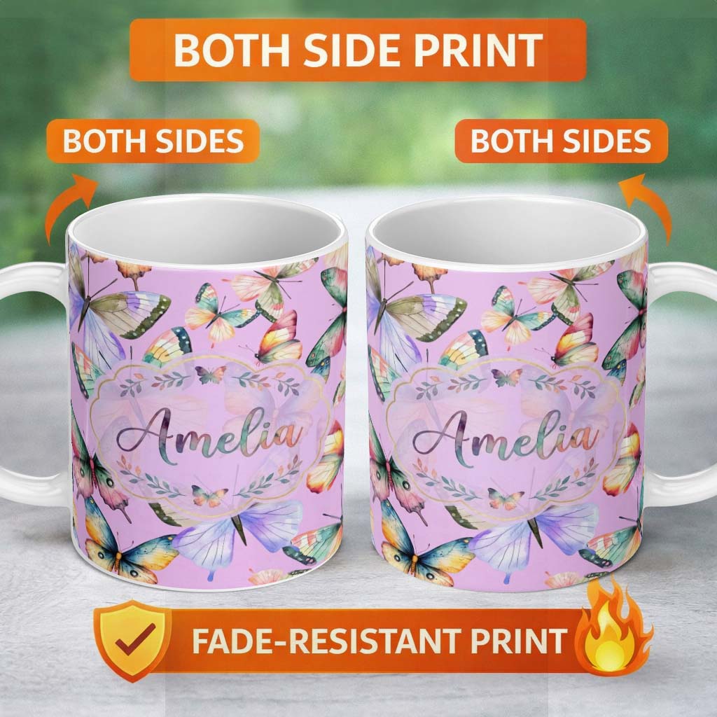 Personalized Custom Name Pastel Watercolor Butterflies Lavender Background Seamless Pattern 11oz Ceramic Coffee Tea Mug White Large Handle