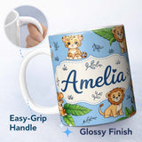 Personalized Custom Name Cute Jungle Animals Lion Tiger Leopard Tropical Leaves Sky Blue 11oz Ceramic Coffee Tea Mug White Large Handle