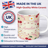 Personalized Custom Name Cute Cherry Bow and Daisy Seamless Pattern on Beige Cute Unique Gift 11oz Ceramic Coffee Tea Mug White Large Handle