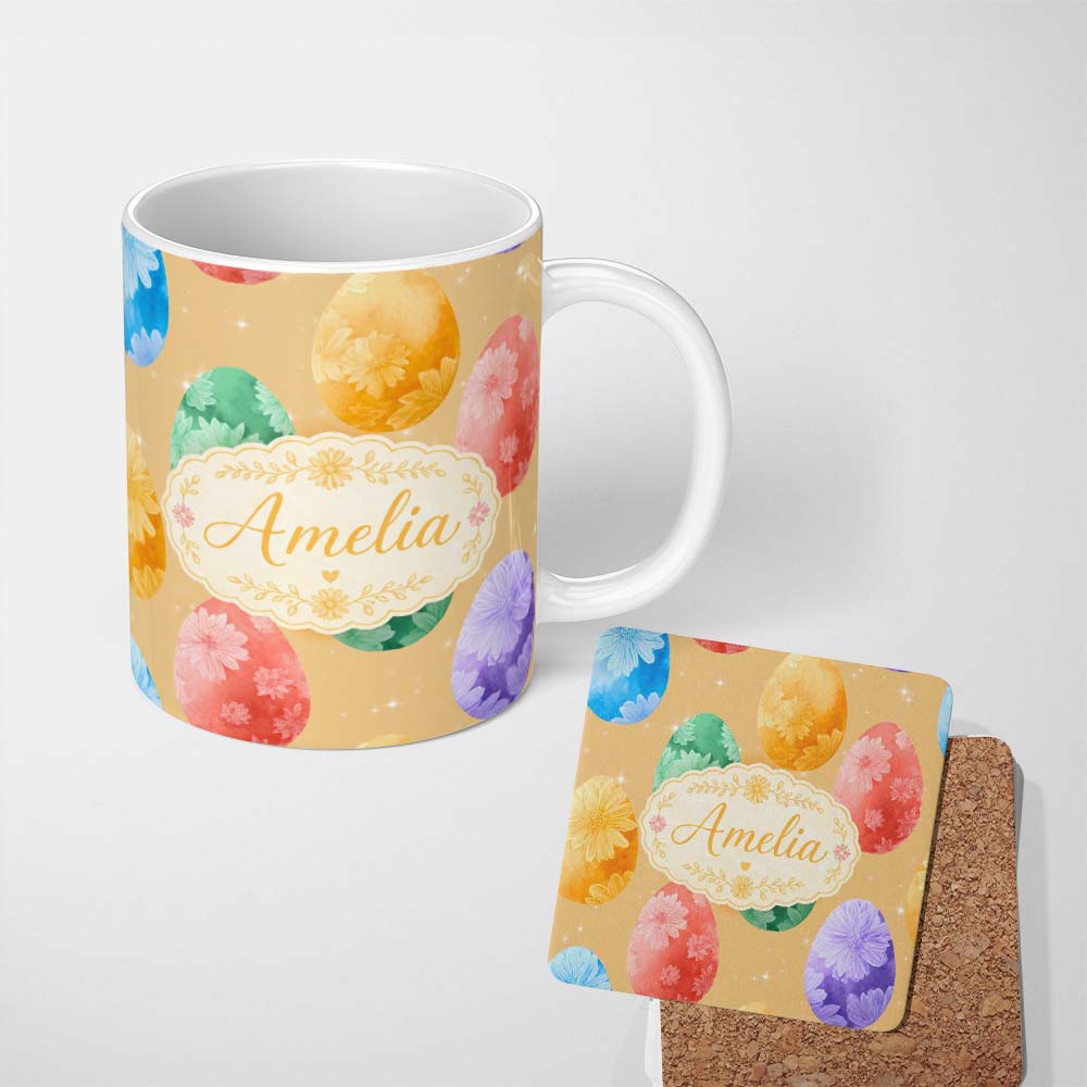 Personalized Custom Name Pastel Easter Egg Pattern with Floral Designs on Soft Golden Lovely 11oz Ceramic Coffee Tea Mug White Large Handle