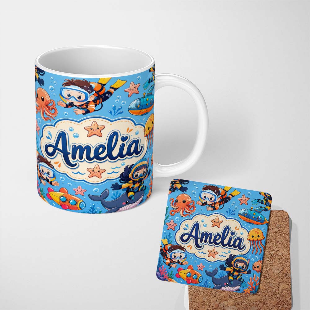 Personalized Custom Name Underwater with Scuba Divers Starfish and Whale on Soft Blue Lovely 11oz Ceramic Coffee Tea Mug White Large Handle