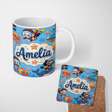 Personalized Custom Name Underwater with Scuba Divers Starfish and Whale on Soft Blue Lovely 11oz Ceramic Coffee Tea Mug White Large Handle