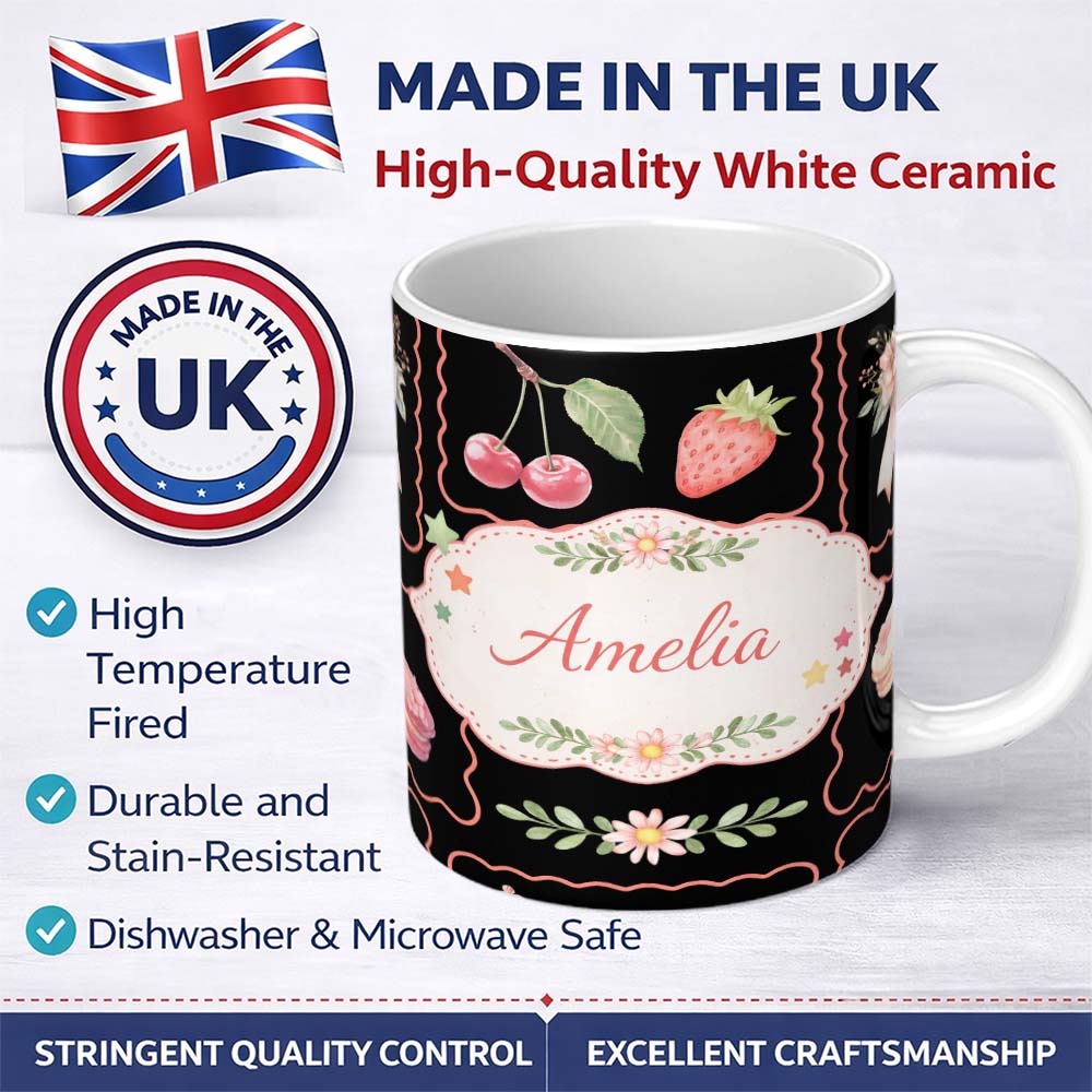 Personalized Custom Name Strawberry Cherry Bow Seamless Pattern Pink Cute Coquette Design 11oz Ceramic Coffee Tea Mug White Large Handle
