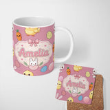 Personalized Custom Name Cute Easter Bunny Chick Eggs Carrot Cute Seamless Pattern Pink 11oz Ceramic Coffee Tea Mug White Large Handle