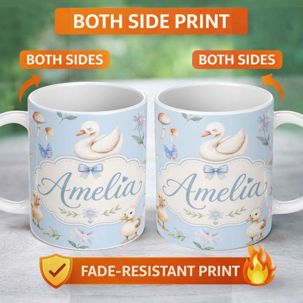 Personalized Custom Name Swan and Ducklings with Flowers Mushrooms Soft Blue Seamless 11oz Ceramic Coffee Tea Mug White Large Handle