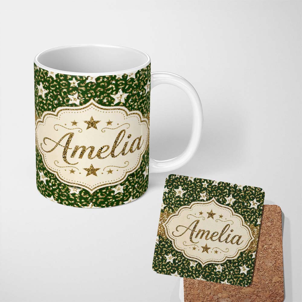Personalized Custom Name Green Gold Leopard Glitter Star Seamless Pattern Design Festive 11oz Ceramic Coffee Tea Mug White Large Handle