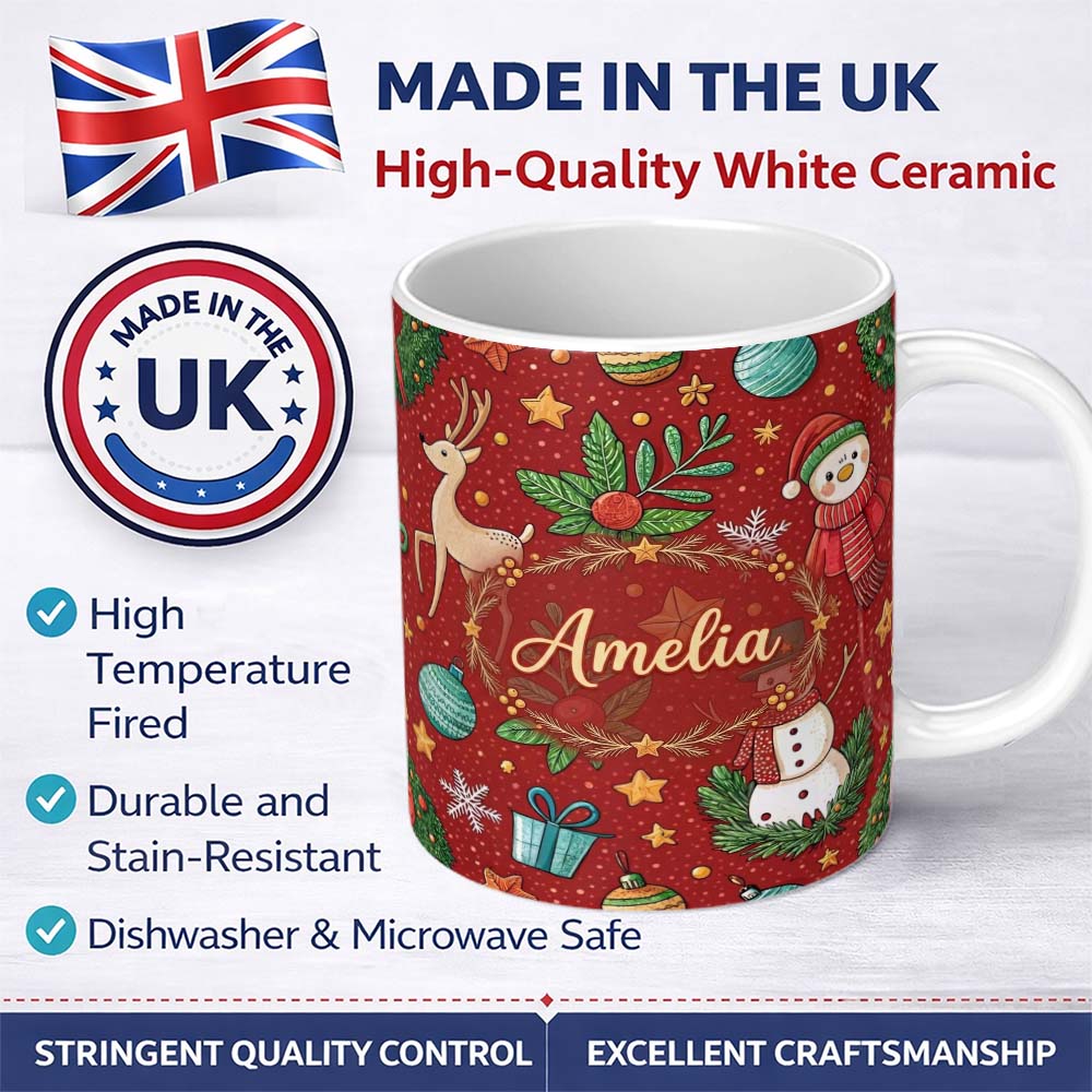 Personalized Custom Name Snowman Holly Leaves Red Background Christmas Seamless Pattern 11oz Ceramic Coffee Tea Mug White Large Handle