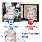 Personalized Custom Name Watercolor Red and Pink Ribbon Bows Mint Gingham Check Background 11oz Ceramic Coffee Tea Mug White Large Handle