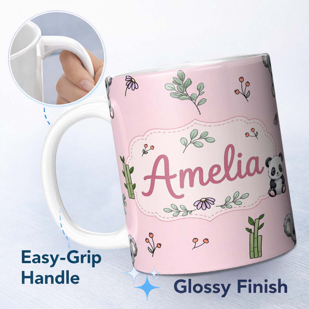 Personalized Custom Name Cute Panda Bear with Bamboo Leaves Floral Pattern Blush Pink Lovely 11oz Ceramic Coffee Tea Mug White Large Handle