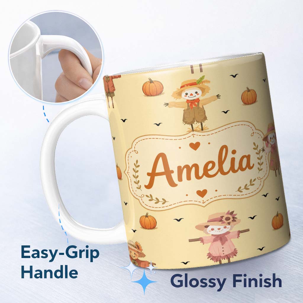 Personalized Custom Name Cute Autumn Scarecrow Pumpkin Birds Seamless Pattern Beige Lovely 11oz Ceramic Coffee Tea Mug White Large Handle