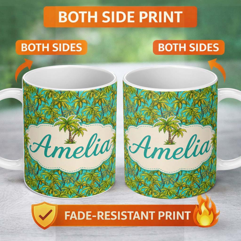 Personalized Custom Name Tropical Palm Tree Summer Beach Seamless Pattern on Blue Background 11oz Ceramic Coffee Tea Mug White Large Handle