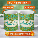 Personalized Custom Name Tropical Palm Tree Summer Beach Seamless Pattern on Blue Background 11oz Ceramic Coffee Tea Mug White Large Handle