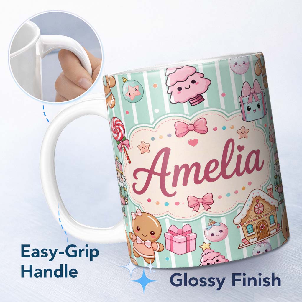 Personalized Custom Name Cute Christmas Gingerbread Candy House Gifts Pattern Teal Stripe 11oz Ceramic Coffee Tea Mug White Large Handle