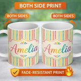 Personalized Custom Name Muted Multicolour Vertical Stripe Texture Seamless Pattern Lovely 11oz Ceramic Coffee Tea Mug White Large Handle