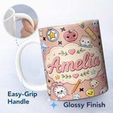 Personalized Custom Name Cute Kawaii School Cat Books Apple Clock Supplies Pattern Peach 11oz Ceramic Coffee Tea Mug White Large Handle