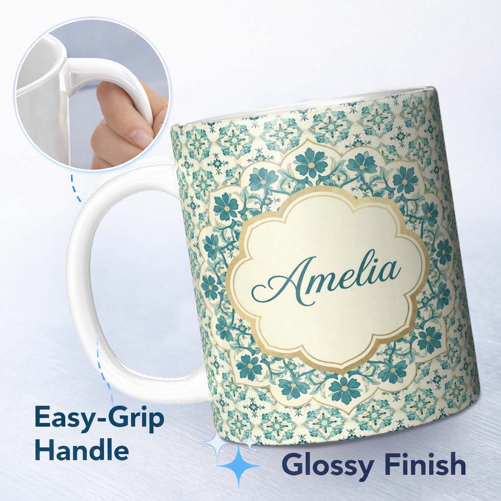 Personalized Custom Name Elegant Teal Floral Tile Medallion Seamless Pattern Cute Unique Gift 11oz Ceramic Coffee Tea Mug White Large Handle