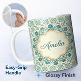 Personalized Custom Name Elegant Teal Floral Tile Medallion Seamless Pattern Cute Unique Gift 11oz Ceramic Coffee Tea Mug White Large Handle