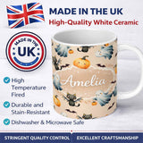 Personalized Custom Name Halloween Ghost Pumpkin Cat Seamless Pattern Warm Beige Cute Spooky 11oz Ceramic Coffee Tea Mug White Large Handle