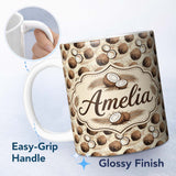 Personalized Custom Name Rustic Coconut Shell and Whole Coconut Vintage Sketch Style Pattern 11oz Ceramic Coffee Tea Mug White Large Handle