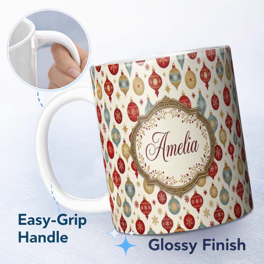 Personalized Custom Name Christmas Bauble Ornament Star Holiday Seamless Pattern Lovely 11oz Ceramic Coffee Tea Mug White Large Handle