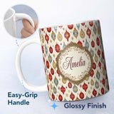 Personalized Custom Name Christmas Bauble Ornament Star Holiday Seamless Pattern Lovely 11oz Ceramic Coffee Tea Mug White Large Handle