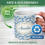 Personalized Custom Name Blue Watercolor Daisy Floral Seamless Pattern Cute Unique Gift 11oz Ceramic Coffee Tea Mug White Large Handle