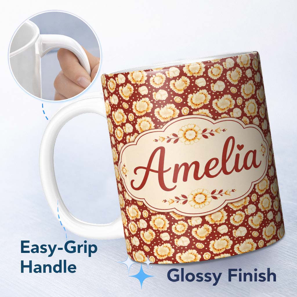 Personalized Custom Name Butter Popcorn Bursts on Red Polka Dot Background Seamless Cinema 11oz Ceramic Coffee Tea Mug White Large Handle