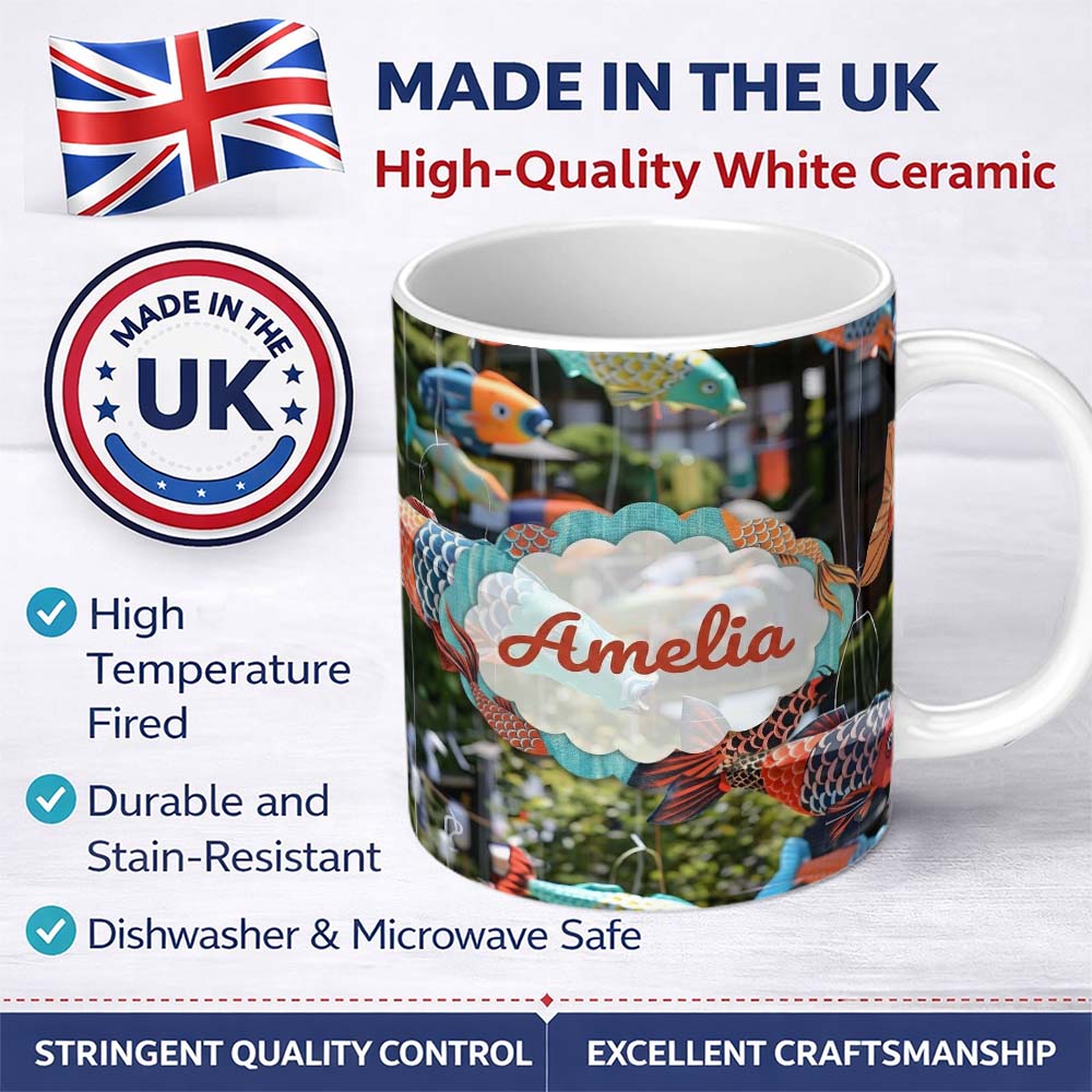 Personalized Custom Name Colorful Koi Fish Windsocks Hanging Outdoor Traditional Japanese 11oz Ceramic Coffee Tea Mug White Large Handle