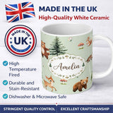 Personalized Custom Name Cute Woodland Forest Animals Bear Bunny Deer on Warm Beige Lovely 11oz Ceramic Coffee Tea Mug White Large Handle