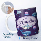 Personalized Custom Name Cute Dolphin Shark and Jellyfish Ocean Animals Purple Background 11oz Ceramic Coffee Tea Mug White Large Handle