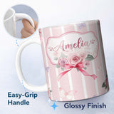 Personalized Custom Name Cute Watercolor Roses Bouquet with Red Ribbon Blush Pink Stripe 11oz Ceramic Coffee Tea Mug White Large Handle