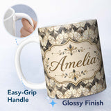 Personalized Custom Name Elegant Vintage Damask Floral Beige and Charcoal Seamless Pattern 11oz Ceramic Coffee Tea Mug White Large Handle