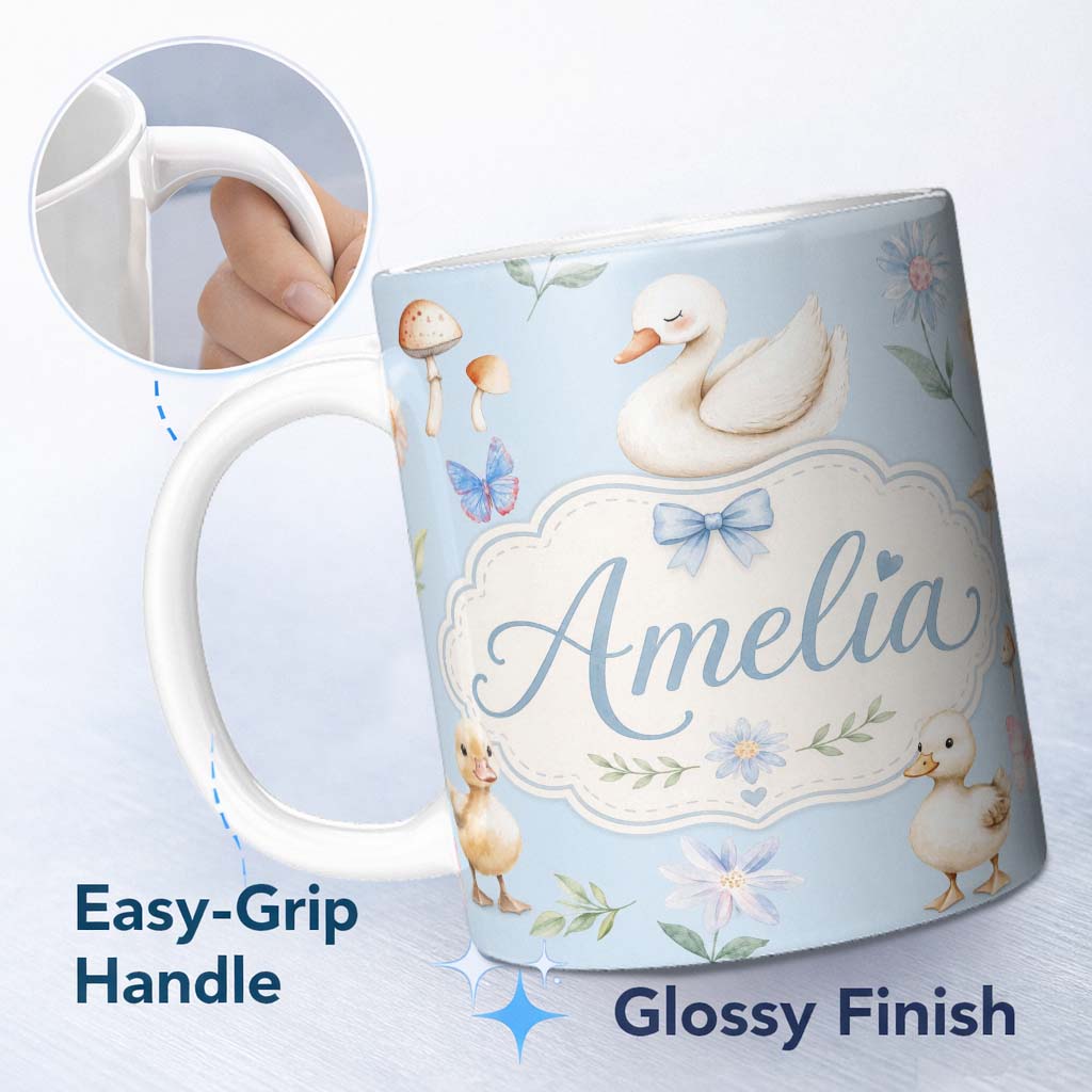 Personalized Custom Name Swan and Ducklings with Flowers Mushrooms Soft Blue Seamless 11oz Ceramic Coffee Tea Mug White Large Handle