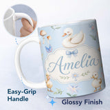 Personalized Custom Name Swan and Ducklings with Flowers Mushrooms Soft Blue Seamless 11oz Ceramic Coffee Tea Mug White Large Handle