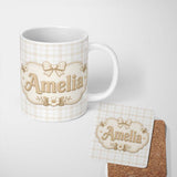 Personalized Custom Name Beige Plaid Check Seamless Pattern on Soft White Background Lovely 11oz Ceramic Coffee Tea Mug White Large Handle
