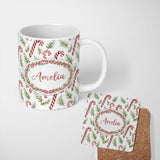 Personalized Custom Name Minimal Candy Cane Leaf Botanical Christmas Seamless Pattern Lovely 11oz Ceramic Coffee Tea Mug White Large Handle