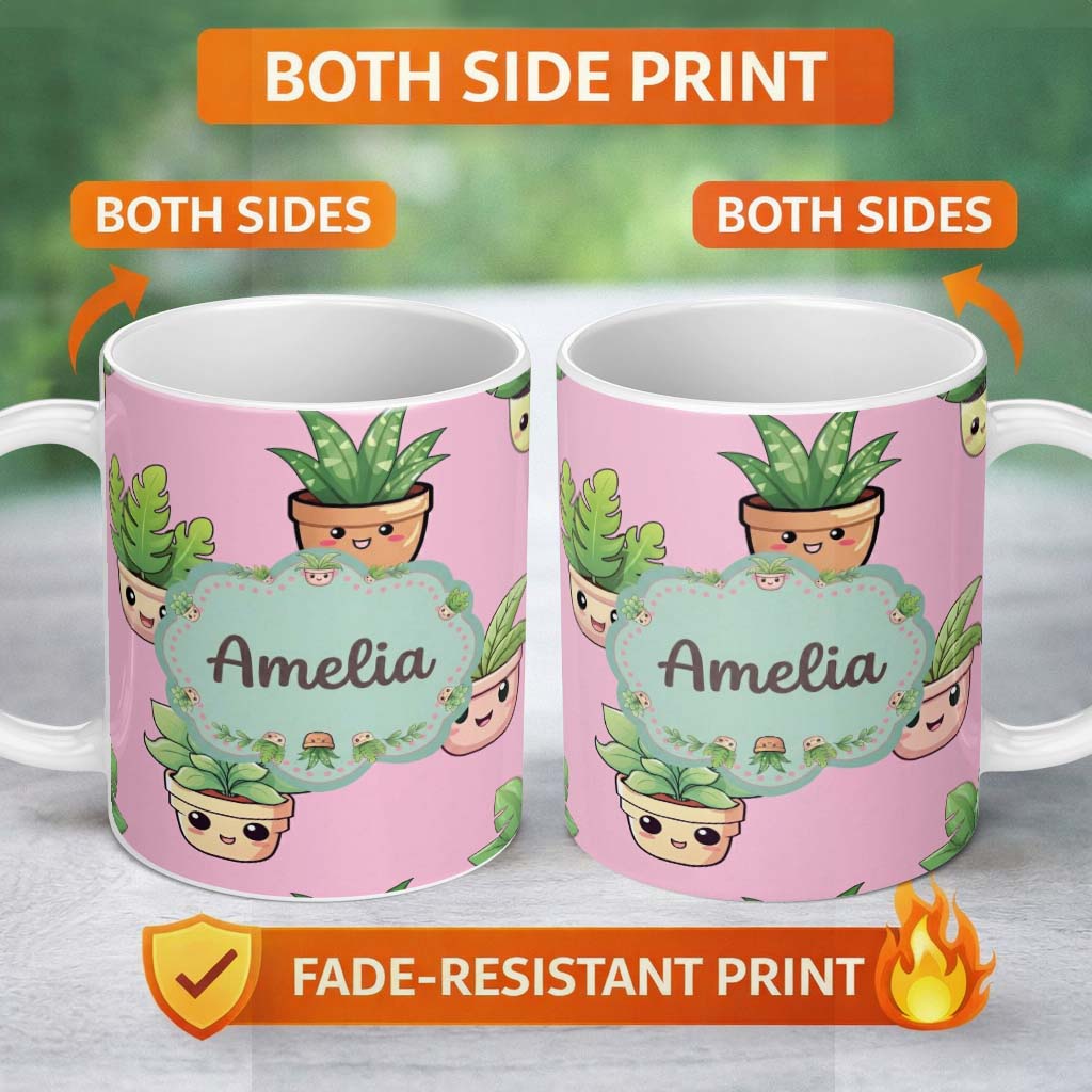 Personalized Custom Name Cute Kawaii Smiling Plant Pots Leaves Seamless Pattern Pink Lovely 11oz Ceramic Coffee Tea Mug White Large Handle