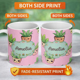 Personalized Custom Name Cute Kawaii Smiling Plant Pots Leaves Seamless Pattern Pink Lovely 11oz Ceramic Coffee Tea Mug White Large Handle