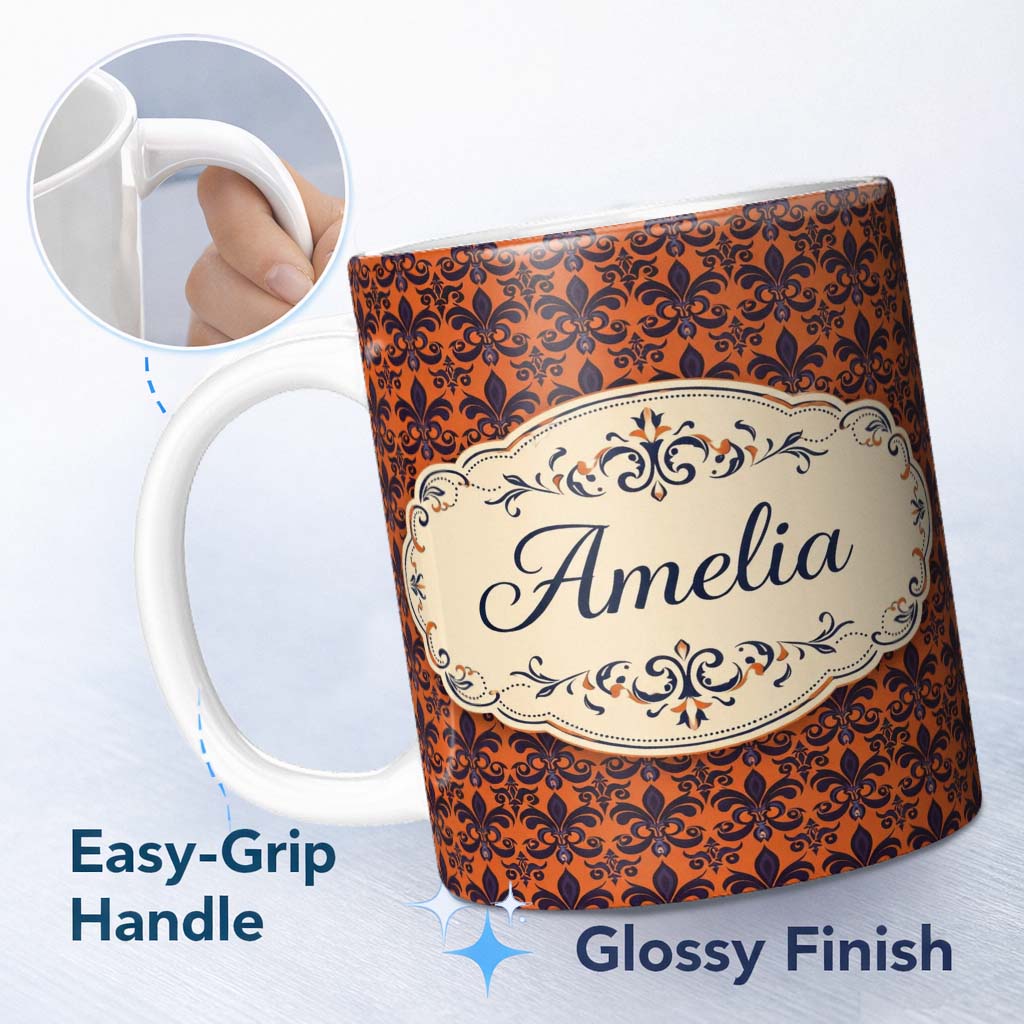 Personalized Custom Name Dark Navy and Orange Floral Fleur de Lis Damask Pattern Lovely 11oz Ceramic Coffee Tea Mug White Large Handle