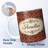 Personalized Custom Name Dark Navy and Orange Floral Fleur de Lis Damask Pattern Lovely 11oz Ceramic Coffee Tea Mug White Large Handle