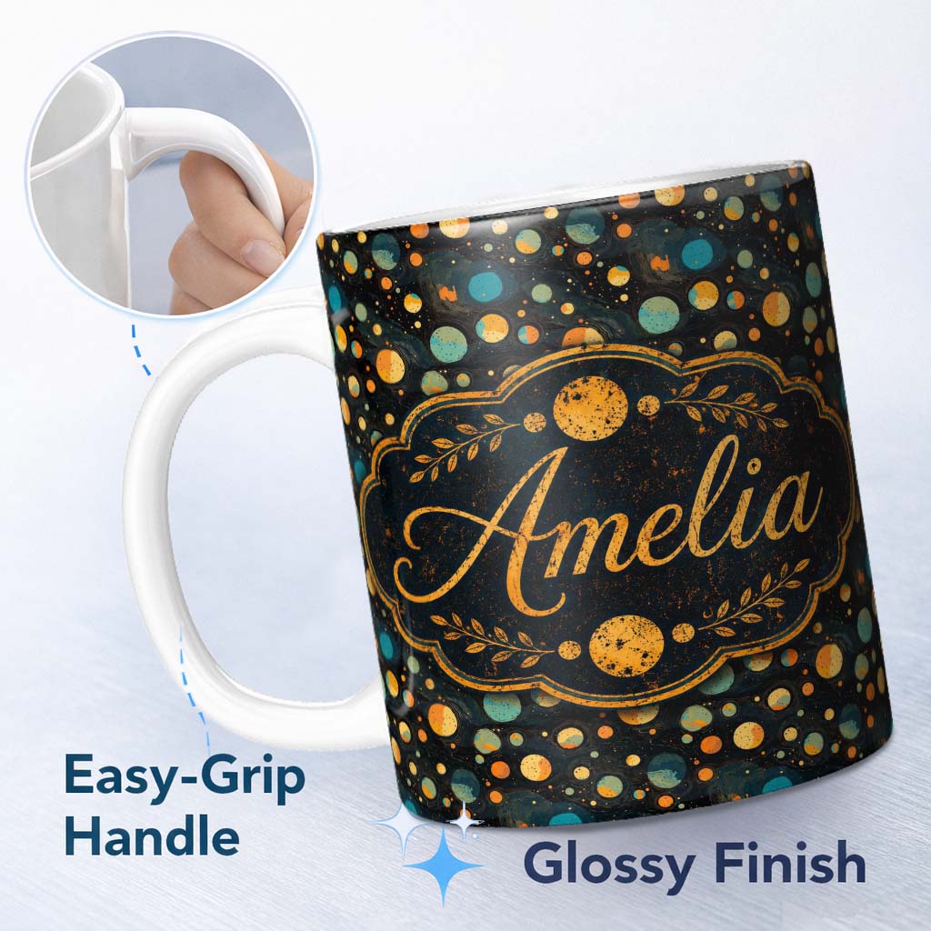 Personalized Custom Name Abstract Galaxy Circles Seamless Pattern Cosmic Space Design Lovely 11oz Ceramic Coffee Tea Mug White Large Handle