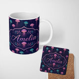 Personalized Custom Name Jellyfish Floating on Deep Purple Ocean Background Marine Lovely 11oz Ceramic Coffee Tea Mug White Large Handle