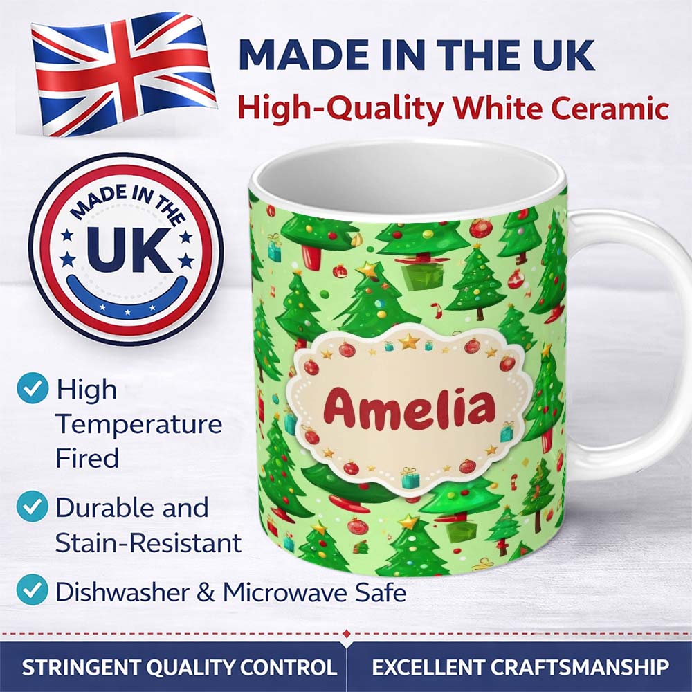 Personalized Custom Name Bright Green Christmas Trees with Gifts Candy Canes and Ornaments 11oz Ceramic Coffee Tea Mug White Large Handle