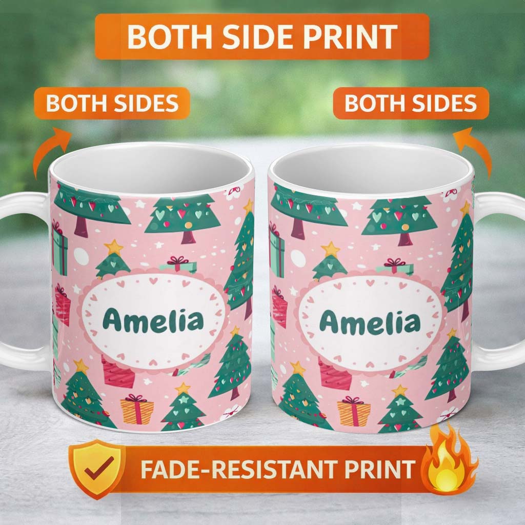 Personalized Custom Name Festive Green Christmas Tree Gifts Cute Holiday Seamless Pattern 11oz Ceramic Coffee Tea Mug White Large Handle