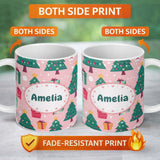 Personalized Custom Name Festive Green Christmas Tree Gifts Cute Holiday Seamless Pattern 11oz Ceramic Coffee Tea Mug White Large Handle